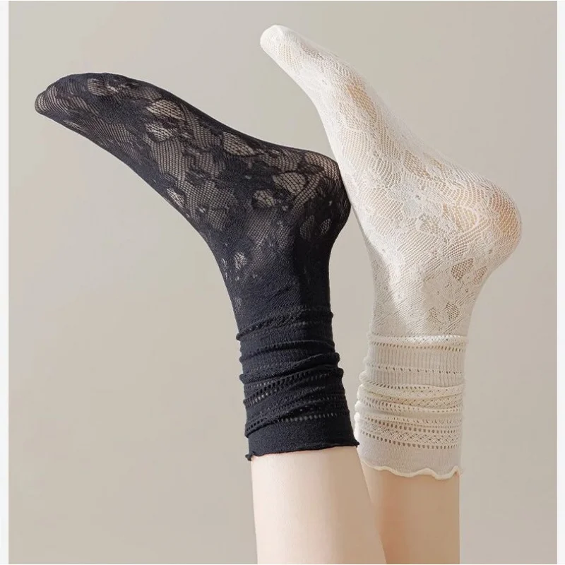 Chaussettes mi-mollet en dentelle pour femmes, bas d'été fins, respirants, absorbant la transpiration, creux, petite fleur, oreille en bois, long tube W