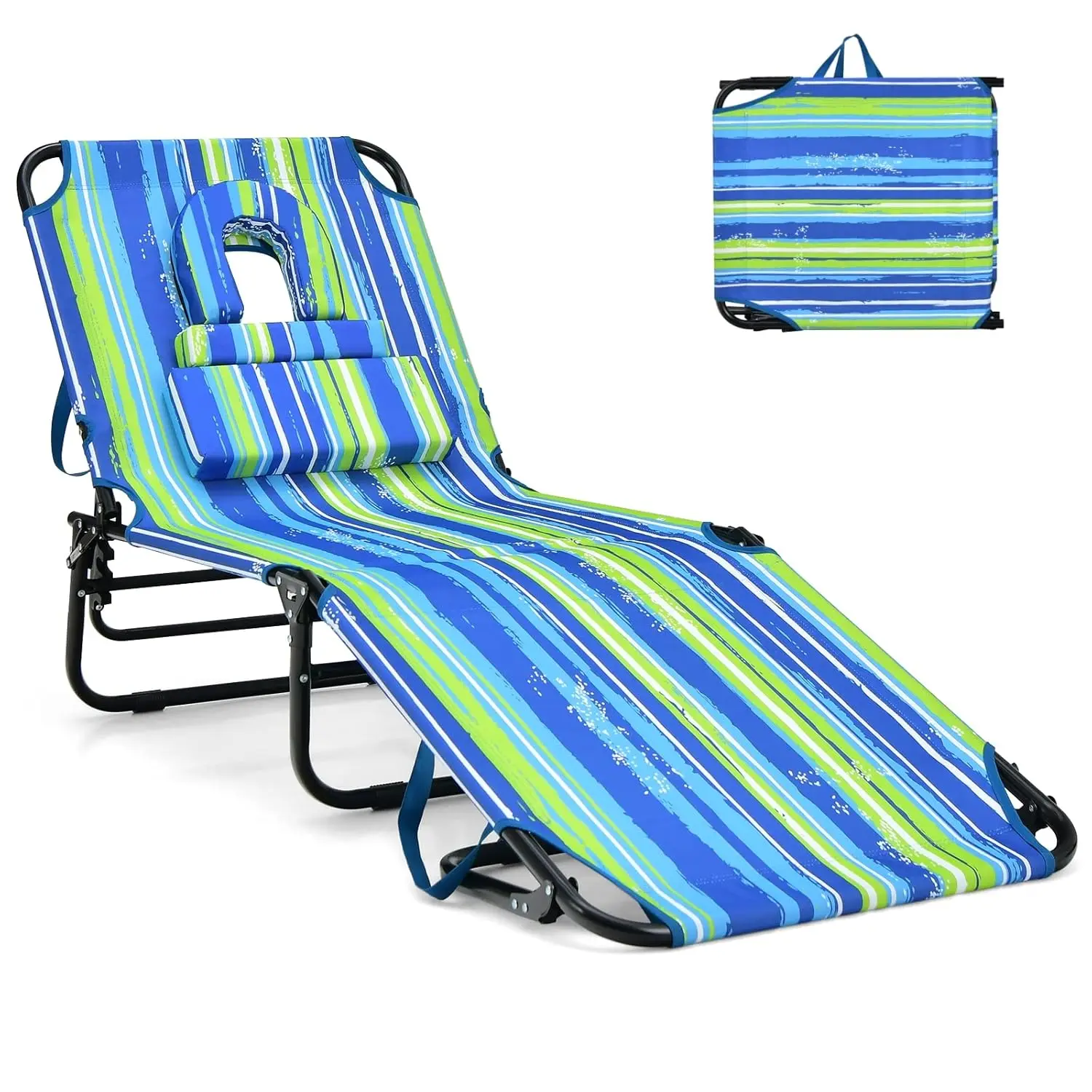 

Tanning Chair, 350lbs Beach Lounge Chair with Face Hole, Washable Pillow & Carry Strap, Adjustable Folding Chaise, Customized