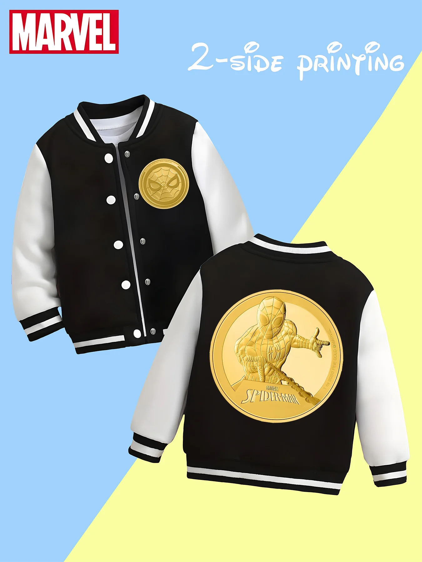 

MINISO Marvel Spider-Man Boys Baseball Jacket - Double-sided cute hero print, black and white soft fabric