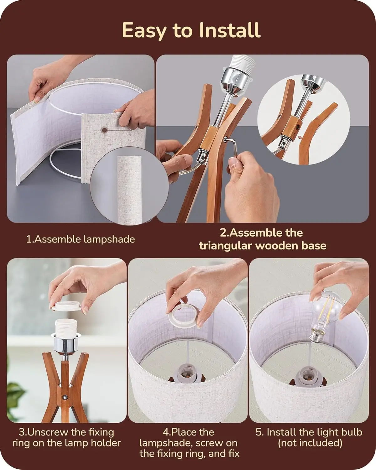 Lámpara de mesa con trípode de mediados de siglo, base de madera profunda de 17,5' y pantalla de lino beige, lámpara de mesita de noche E26 para dormitorio, sala de estar