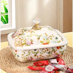 Enamel Storage Box Vintage Flower and Bird Desktop Finishing Basket with Lid Snacks Makeup Jewelry Rectangular Storage Jar