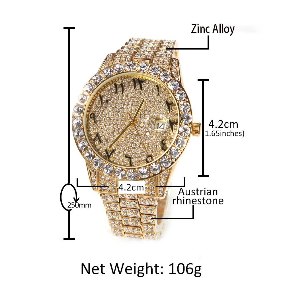 THE BLING KING Big Dial Arabic Numerals Mens Watches Luxury Male Iced Out Watch 18K Gold For Men Classic Jewelry For Gift