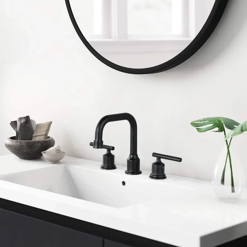 Two Handles Widespread 8 inch Bathroom Faucet Black 3 Pieces Basin Faucets 360 Degree Swivel Spout Lavatory Sink Faucet