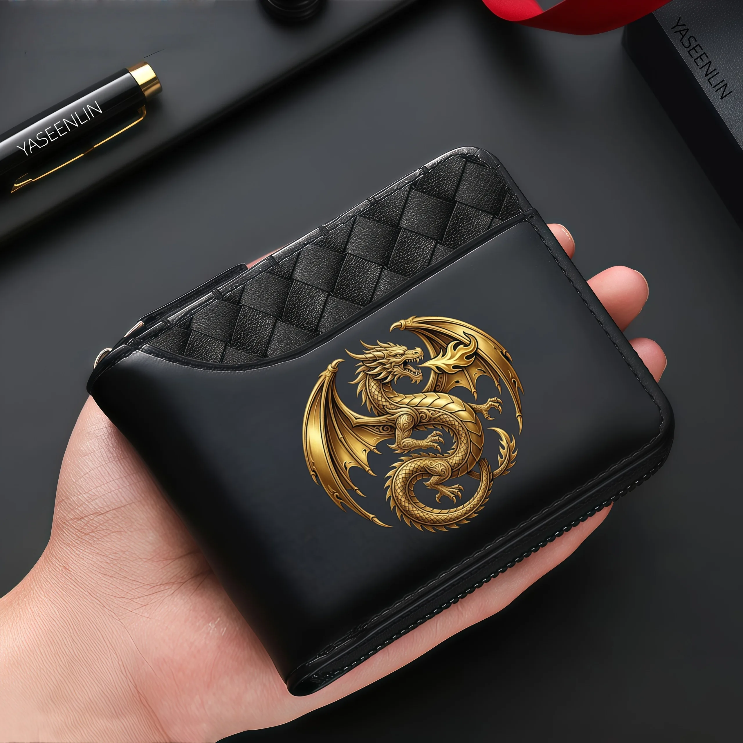 Men's Premium Wallet Gold Dragon Print - Business Style Black Crocodile Pattern Faux Leather Zipper Closure Multiple Card Slots