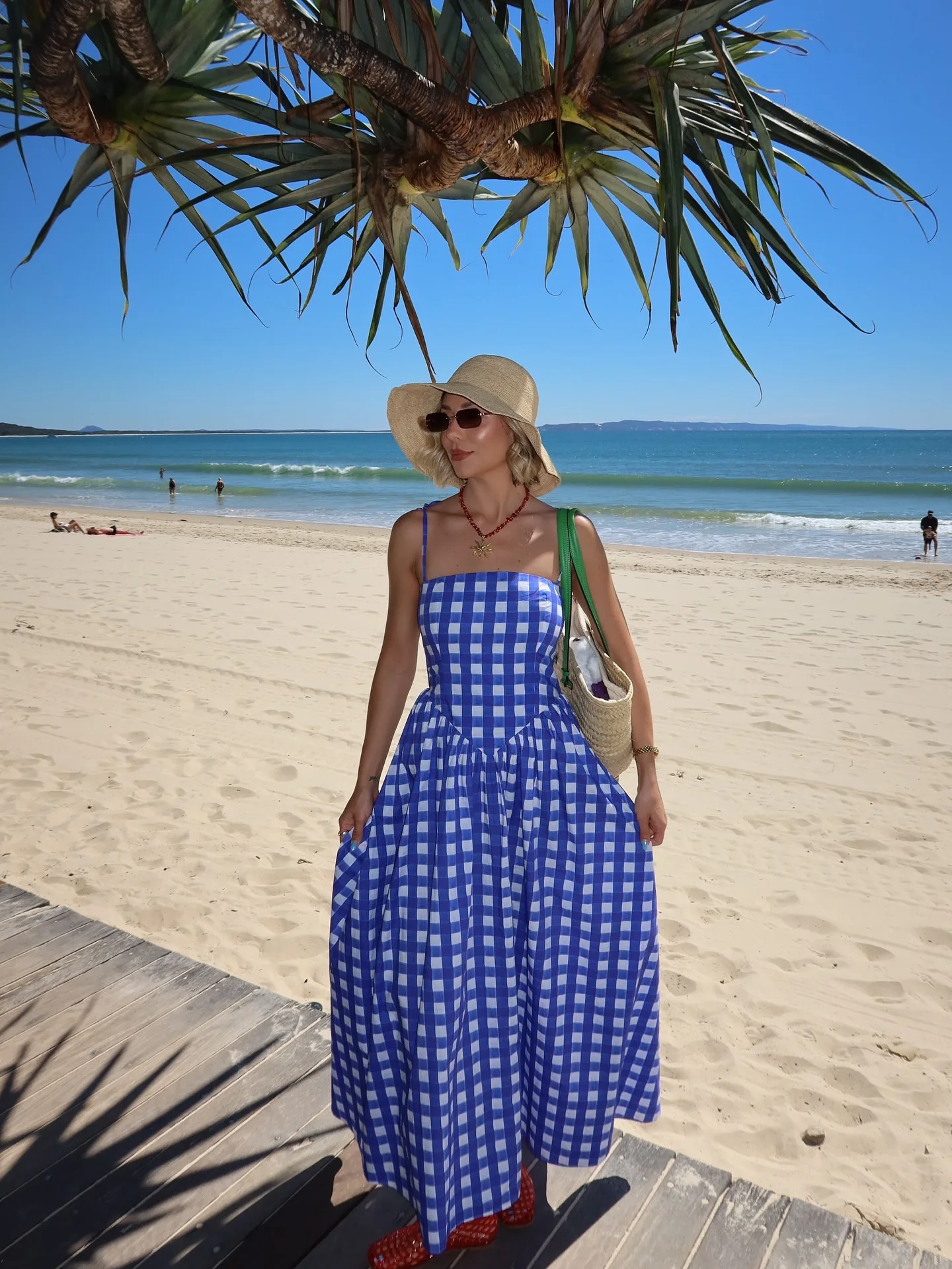 Vestido Maxi Azul de Algodón con Estampado de Cuadros Vichy, Casual, para Vacaciones de Verano, de Cintura Alta para Mujer
