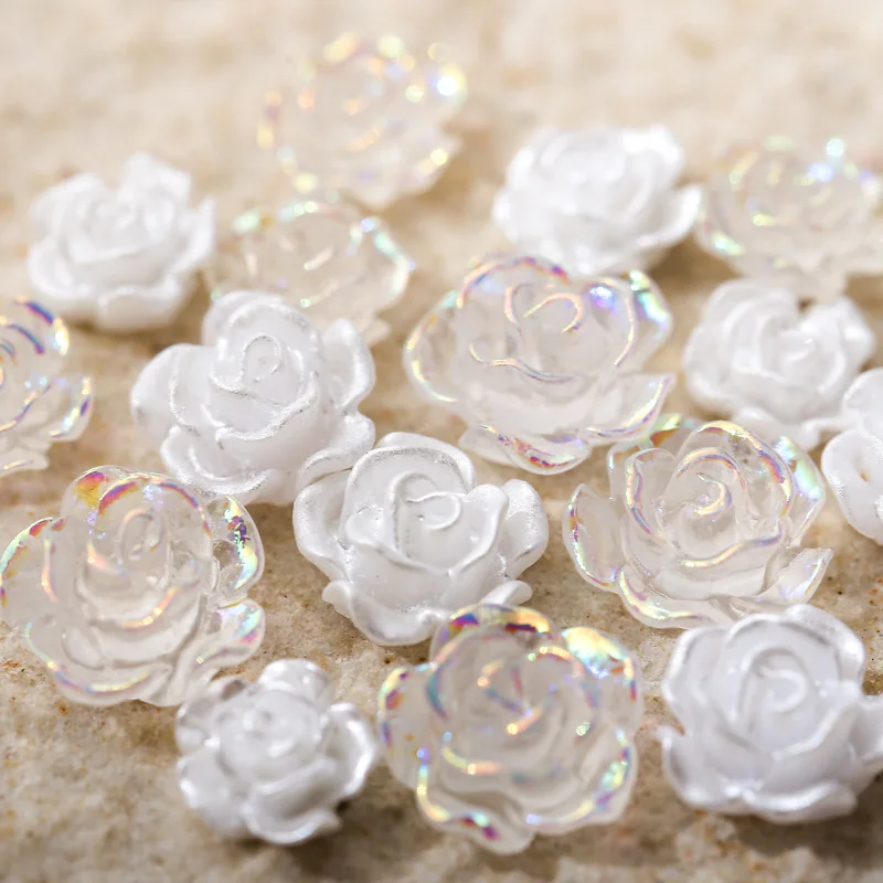 Mix 50PCS 6/8/10MM White Rose Flowers Charms For Wedding Nail Art Decoration 3D Resin Aurora And Glazed Petal Flower Pearl Beads