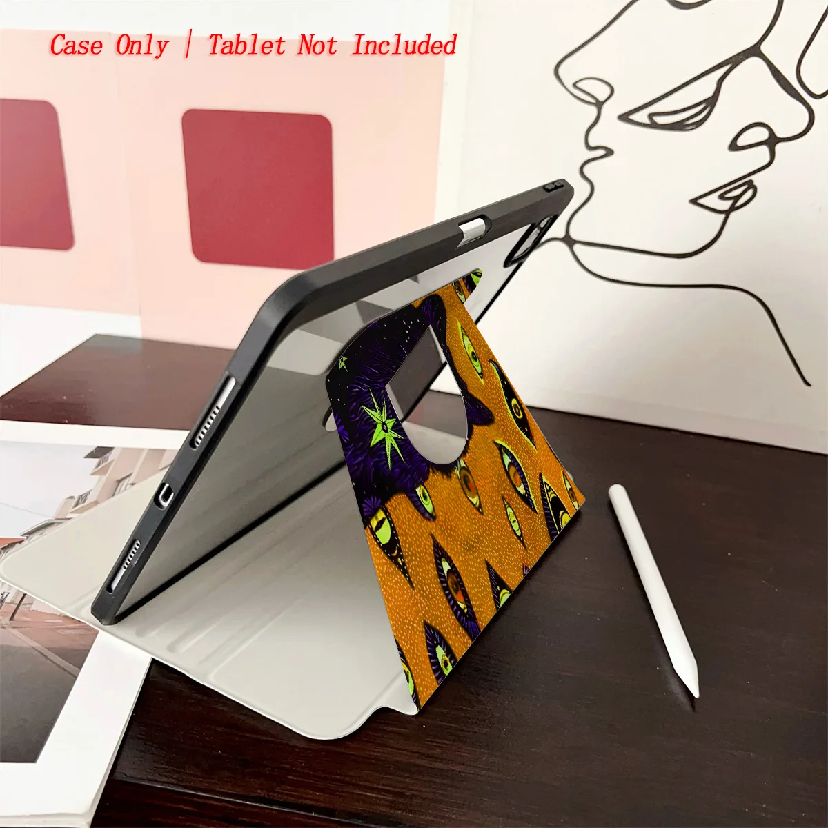حافظة iPad بنمط عيون مخيفة باللون البرتقالي والخيف باللون الأسود - 360 درجة ° واقي قابل للدوران وقابل للطي لأجهزة Apple اللوحية #4