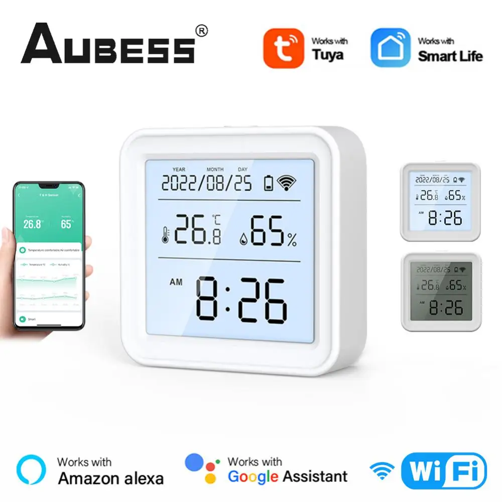 

Tuya WiFi Temperature And Humidity Sensor With LCD Screen Display And Backlight Working With Alexa Google Assistant Smart Life