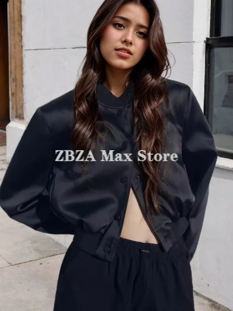 , chaqueta Bomber con textura satinada de seda nueva de otoño para mujer, chaqueta Bomber de satén de manga larga con cuello redondo, ropa de abrigo informal para mujer