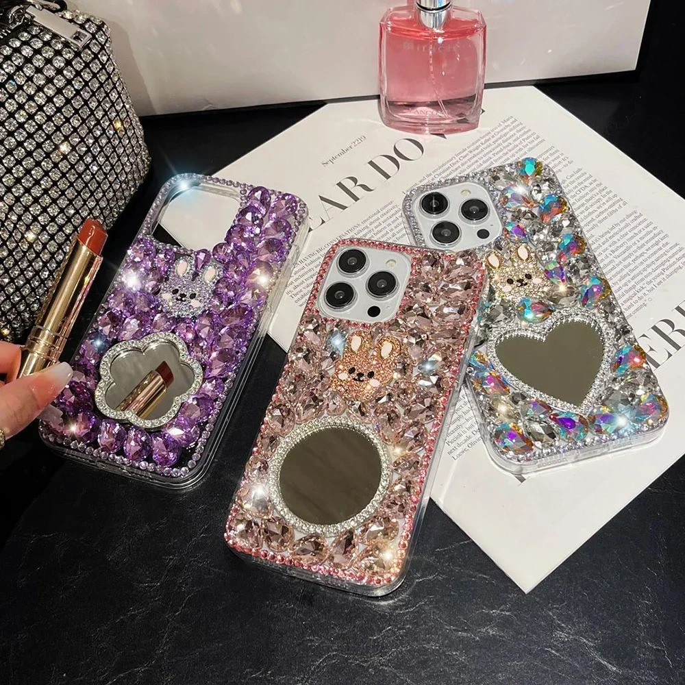 Bling Rhinestone Rabbit Mirror Case For Samsung GalaxyS24 S10 S20 Plus S21 FE S22 23Ultra Note20 10 Full Crystal Diamond Cover v