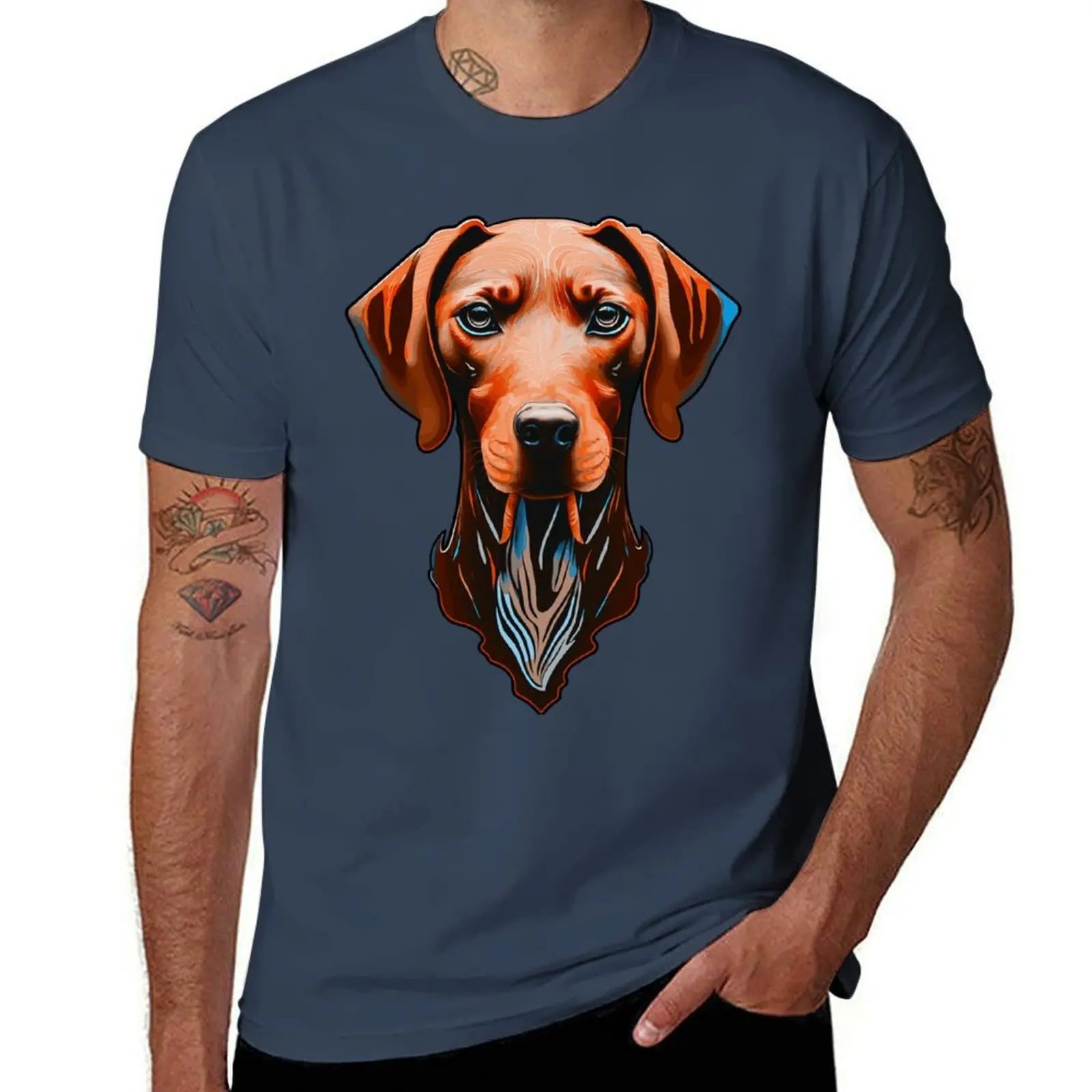 

Hungarian Vizsla head orange / blue art Intense Visla gaze T-Shirt t shirts with prints T-Shirt