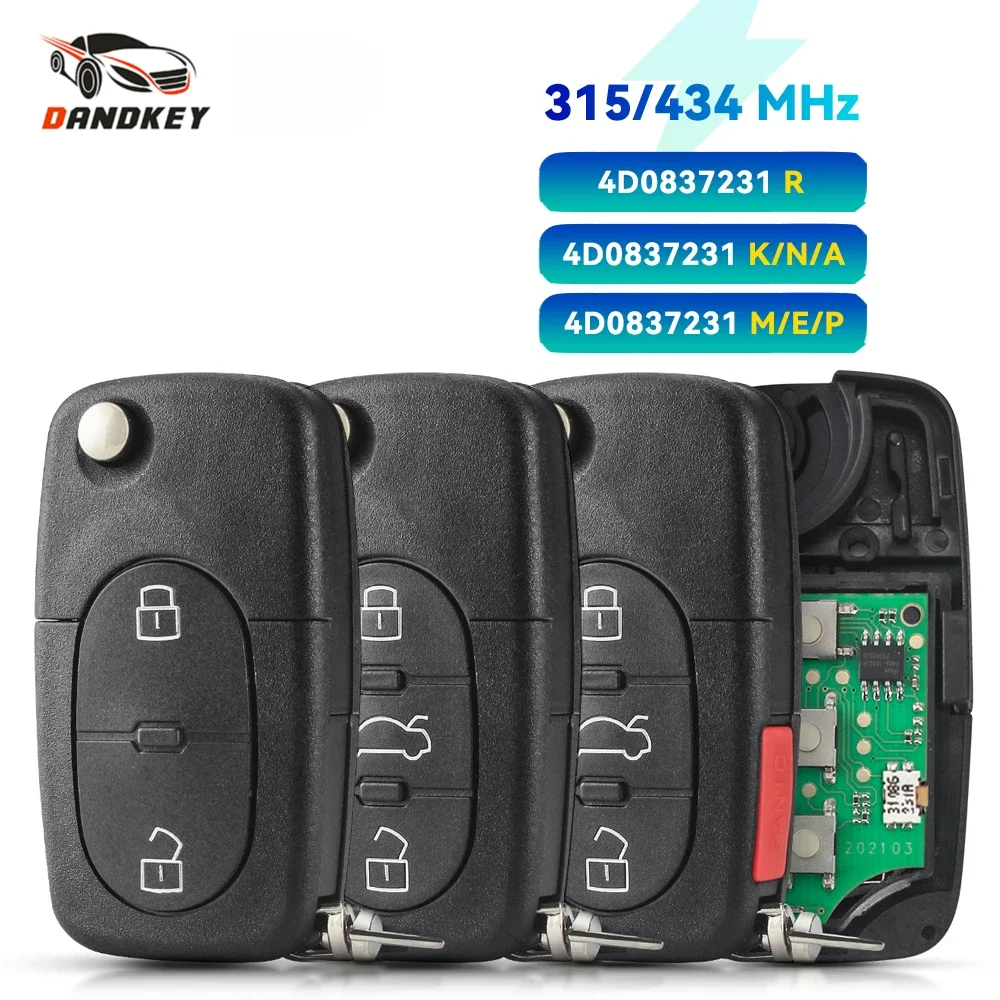 

Dandkey For Audi A3 A4 A6 A8 TT Allroad Quattro 3 Button Flip Smart Remote Key 433Mhz ID48 Chip 4D0837231A 4D0837231K 4D0837231N