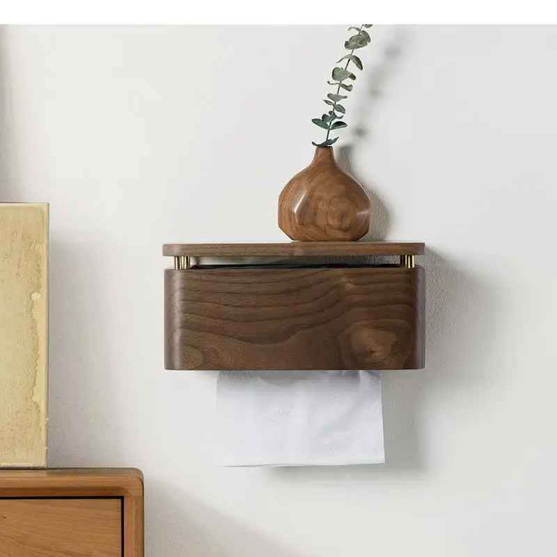 

Walnut Wood Tissue Holder Wall Mounted Toilet Paper Boxes Towel Stand Simple Household Napkin Rack Bathroom Shelves