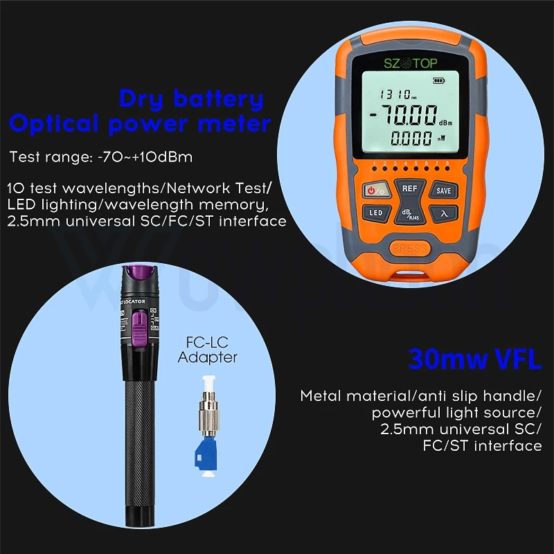 Imagem -02 - Ftth Fibra Óptica Tool Kit com Medidor de Potência Óptica 30mw Vfl Visual Fault Locator Fiber Cleaver Stripper e Scissor Diy