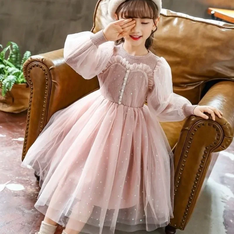 2025 New Girls Autumn Winter Cinderella Style Princess Dress Thick Knit Lace Skirt for Kids Little Girls Winter Party Wear