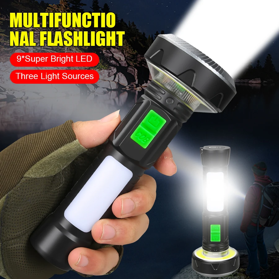Powerful LED COB Flashlight USB Rechargeable Torch Super Bright Light with Tail Magnet for Outdoor Camping，Emergency Lantern