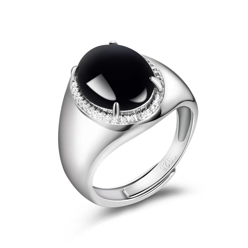 

Latest Natural Authentic Fashion S925 Silver Inlaid A-grade Jade Ink Jade Egg Face Ring Ice Seed Jade Adjustable Men's Gift