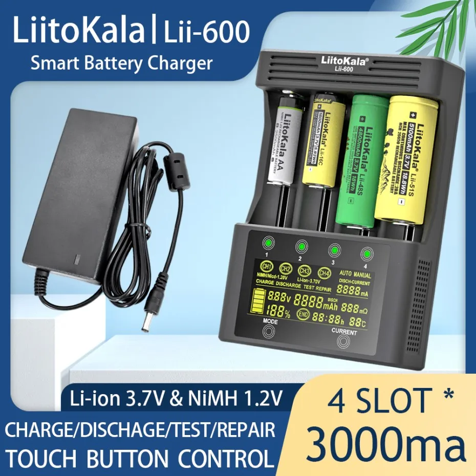 LiitoKala Lii-600 Smart Battery Charger Lii-100  For Li-ion 3.7V and NiMH 1.2V 18650 26650 21700 26700 AA AAA Fast charging