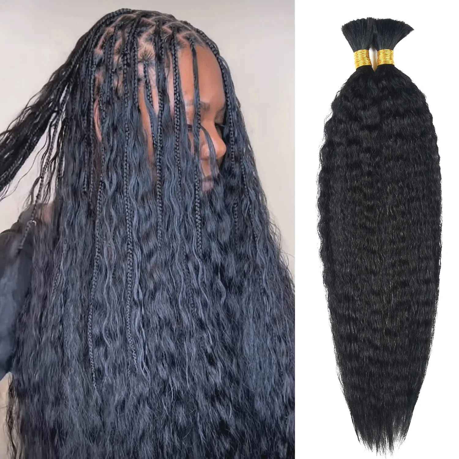 2 Bundles Human Braiding Hair for Boho Braids Brazilian 100% Human Hair Kinky Straight Bulk Human Hair for Braiding 100G