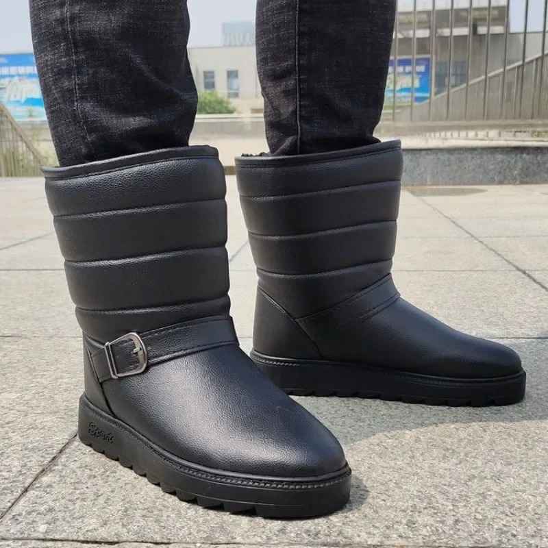 

Men's Winter Snow Boots Mid Calf Fleece Lined Soft Sole Waterproof Anti Slip Thickened High Top Cotton Padded Outdoor Black