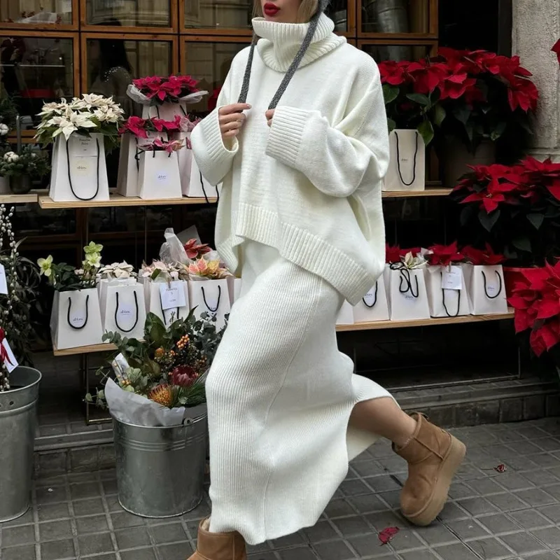 Set gonna maglione dolcevita lavorato a maglia da donna Autunno Inverno Abito caldo da donna casual in 2 pezzi tinta unita allentato