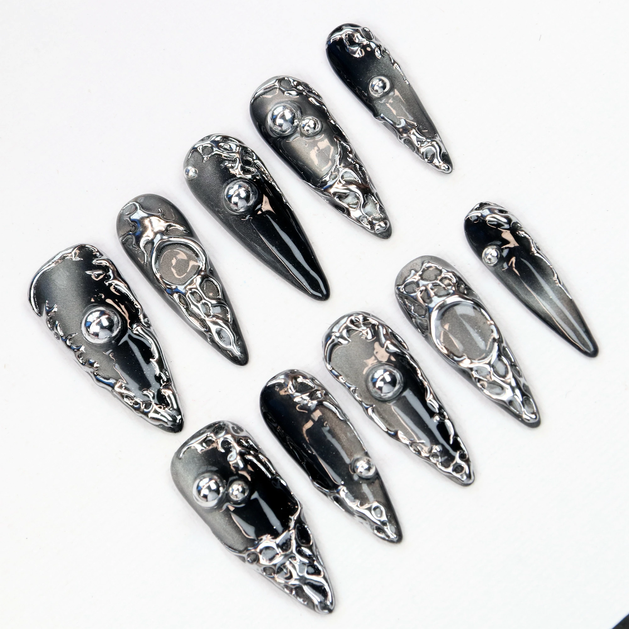 10Pcs Gothic Press On Nails,Custom 3D Metallic Silver and Cat Eye Nail Art,Dark Glam Punk Rock Long Stiletto Fake Goth