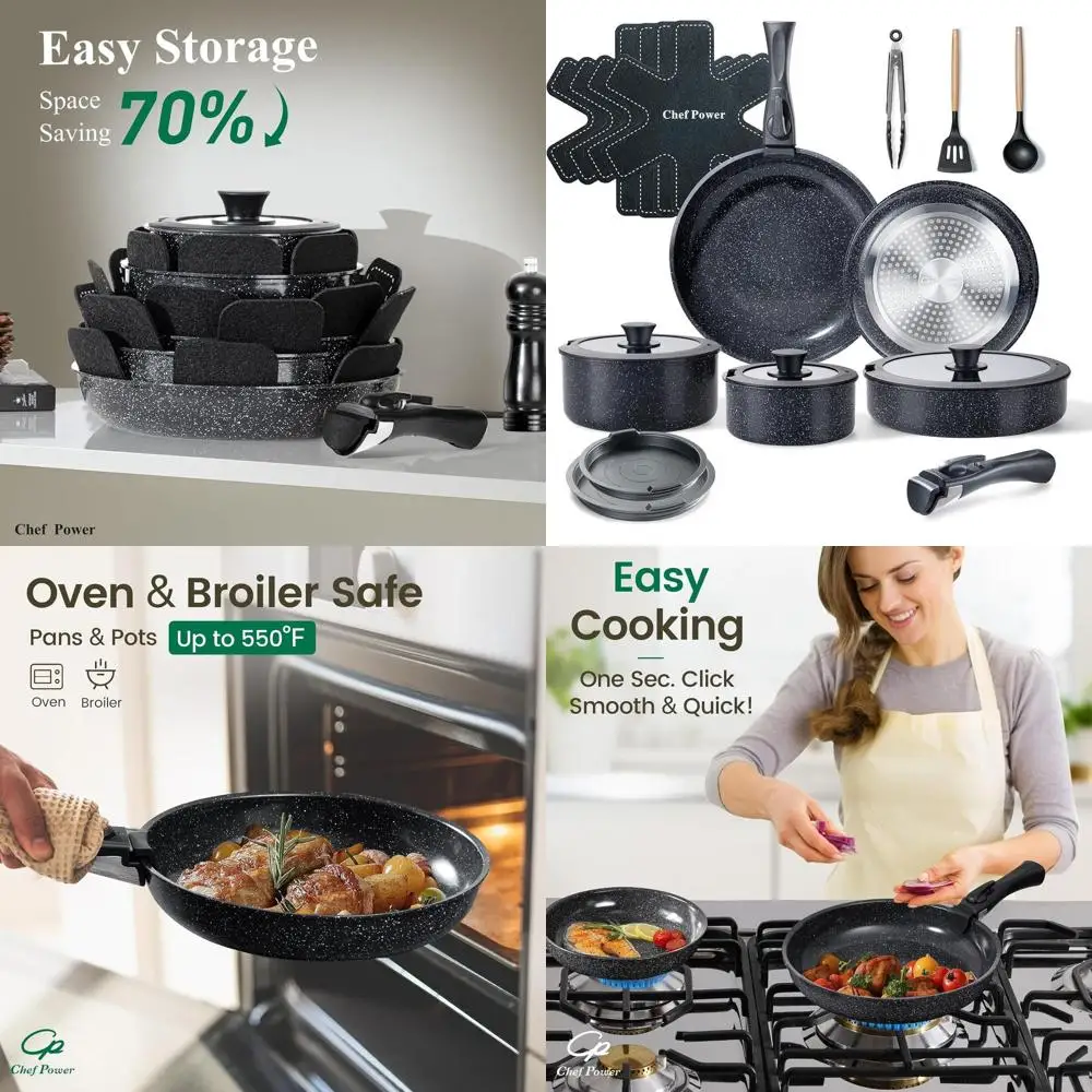 

Набор посуды из 19 предметов с антипригарным покрытием и съемными ручками, подходит для индукционных плит и духовок, можно мыть в посудомоечной машине, для кухни в автодоме, цвет Rock Stone Black