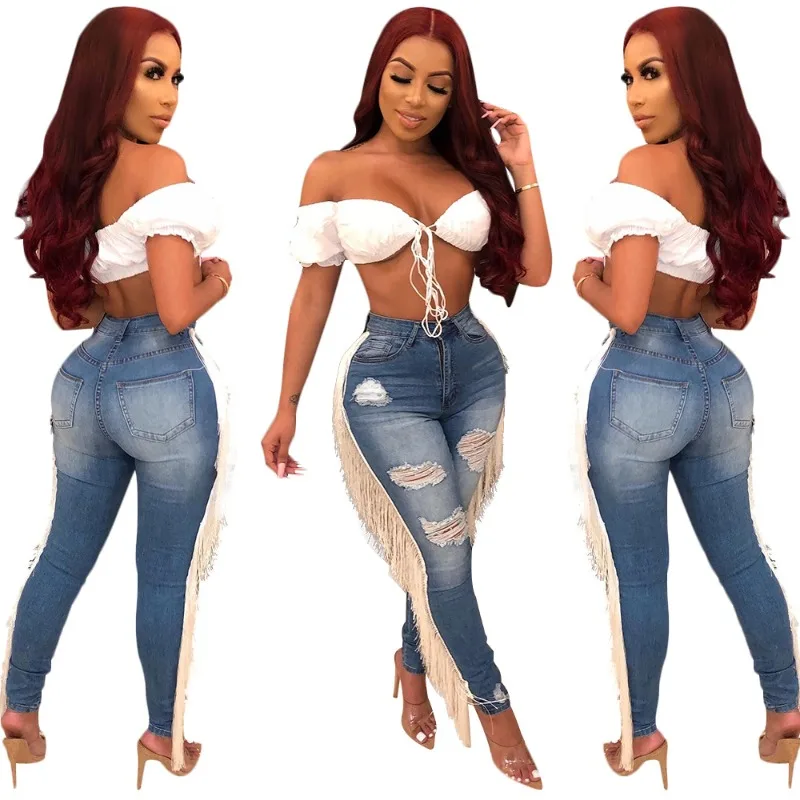 Mode Denim Quasten Röhren hose Frauen hoch taillierte Loch Tasche Jeans hose lässig weiblich solide Cowboy Streetwear sa652