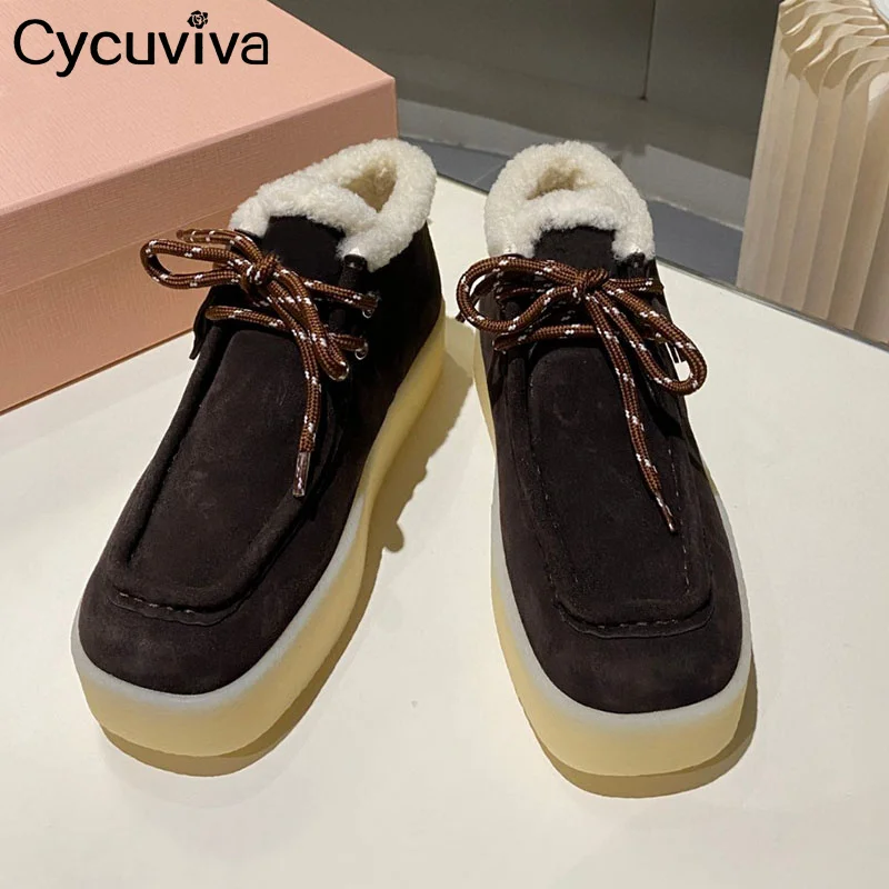 Hot Sale Brand Suede Wool Ankle Boots Women Thick Sole Lace Up Real Wool Fur Warm Boots Winter Casual Party Snow Boots For Women