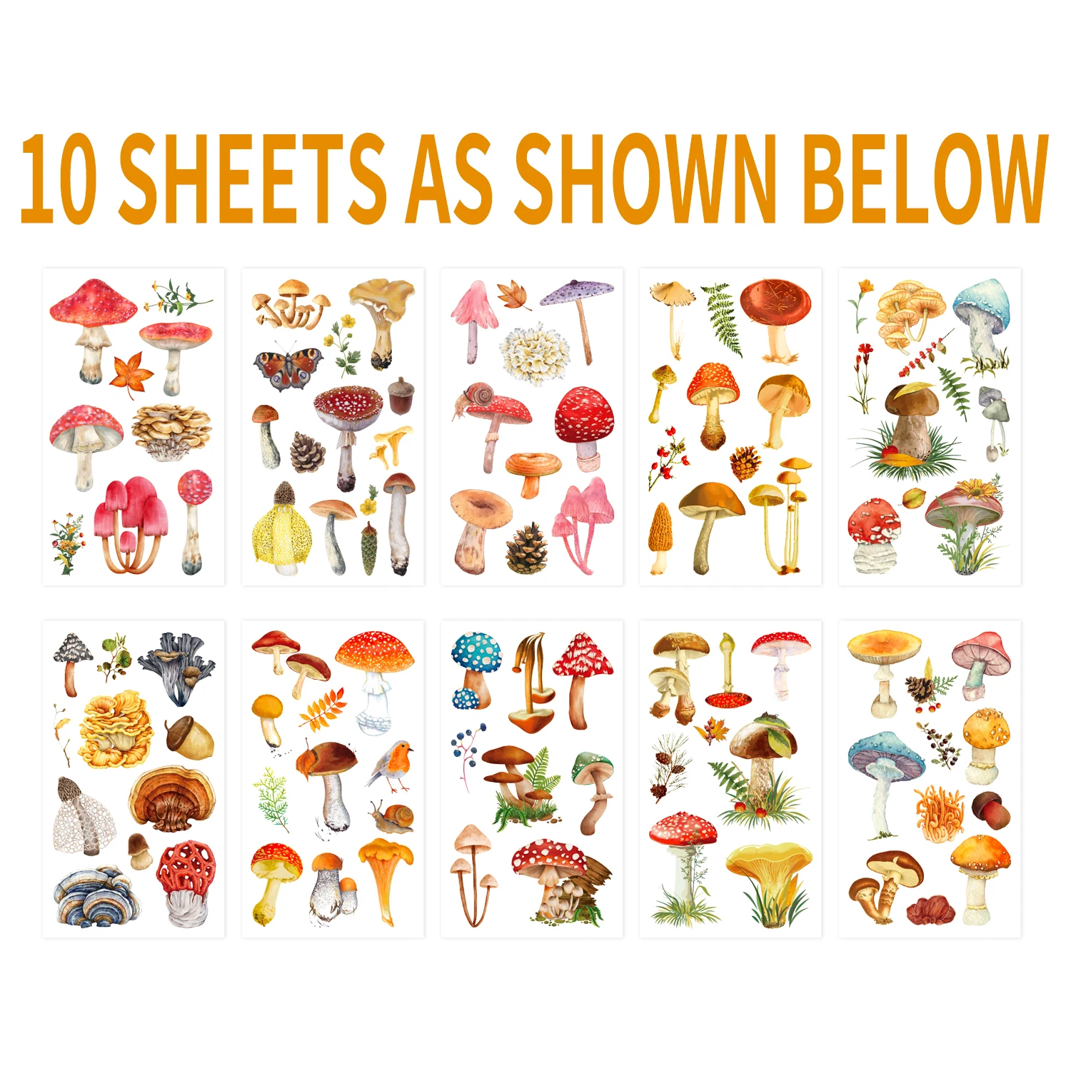 รอยสักชั่วคราวเห็ด -10 แผ่นแมลงและผีเสื้อเห็ดสีแดงธีมป่าสติกเกอร์รอยสักชั่วคราว