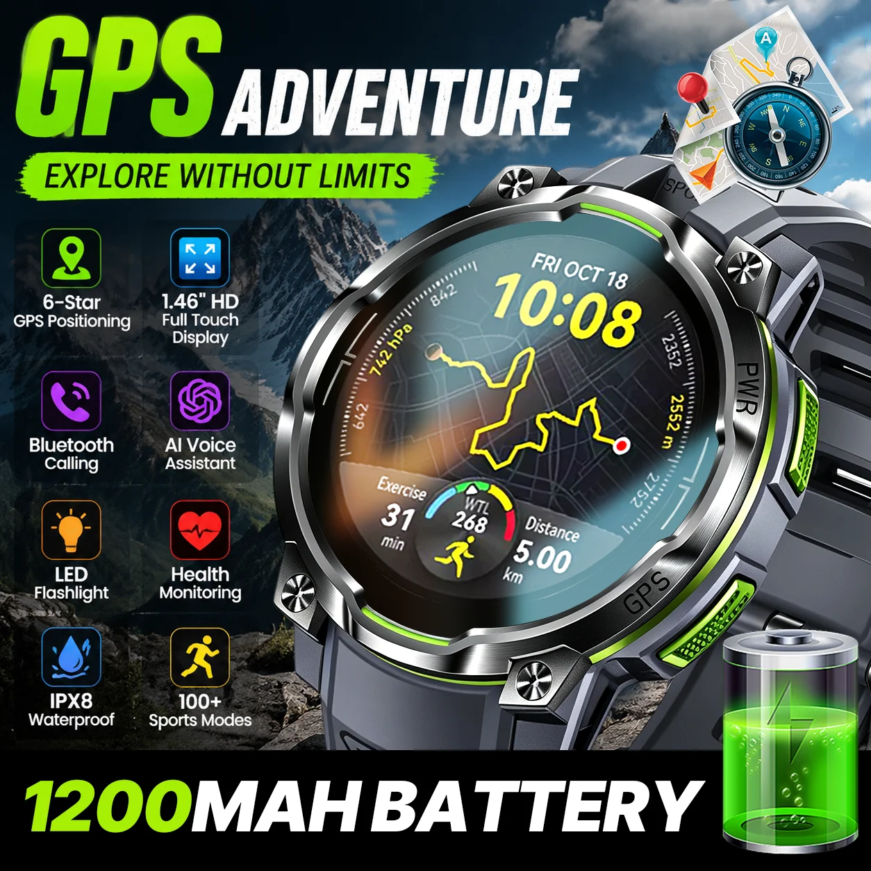 2026 New Outdoor GPS Sports Men Smart Watch Compass 1200mAh Big Battery IPX8 Waterproof Bluetooth Call LED Flashlight Smartwatch