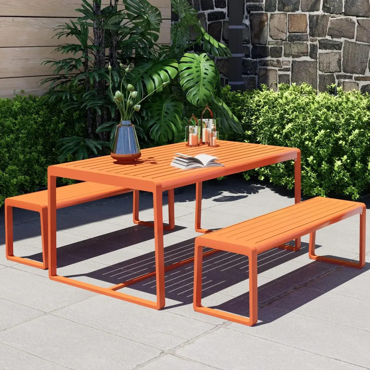 

Outdoor 3-Piece Aluminum Picnic Table Set Rectangular Patio Dining Table with Benches (Orange) 61.8"D x 40.4"W x 6.7"H