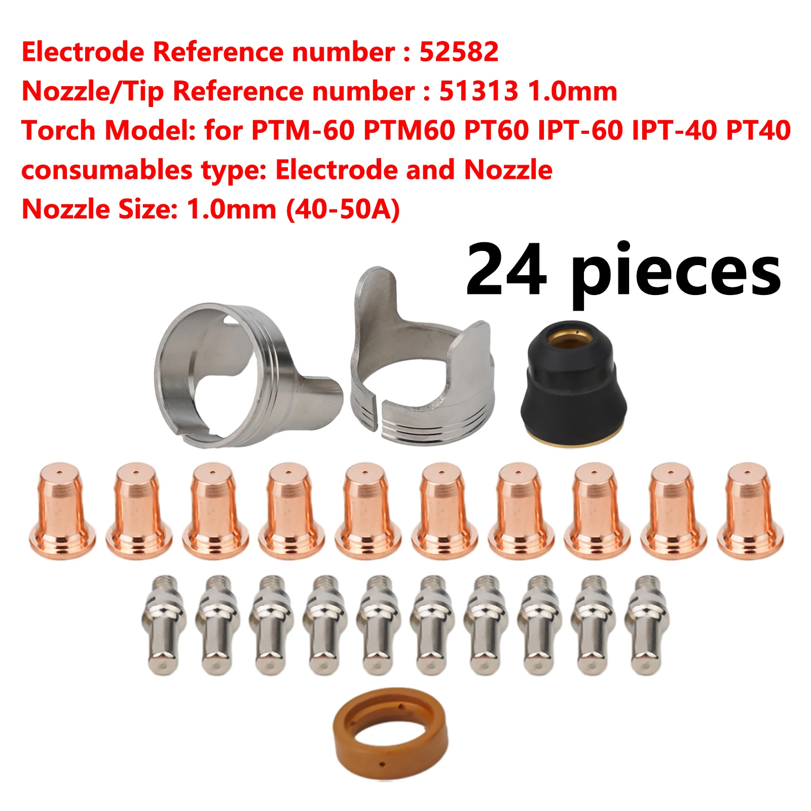 Cutting Nozzles Plasma Electrodes Copper Hafnium 1.0mm 40-50A 51313 Nozzle For PTM-60 PTM60 PT60 For IPT-60 IPT-40 PT40