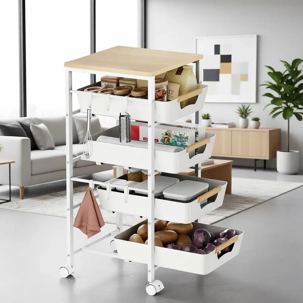 

Пятиуровневая кухонная тележка на колесиках с деревянной столешницей, выдвижными корзинами и колесами для хранения и организации вещей