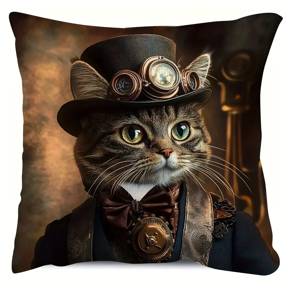 2D flat- Vintage Steampunk Cat Throw Pillow Cover Victorian Gentleman Cat Decorative Pillow Case for Home Sofa Bedroom