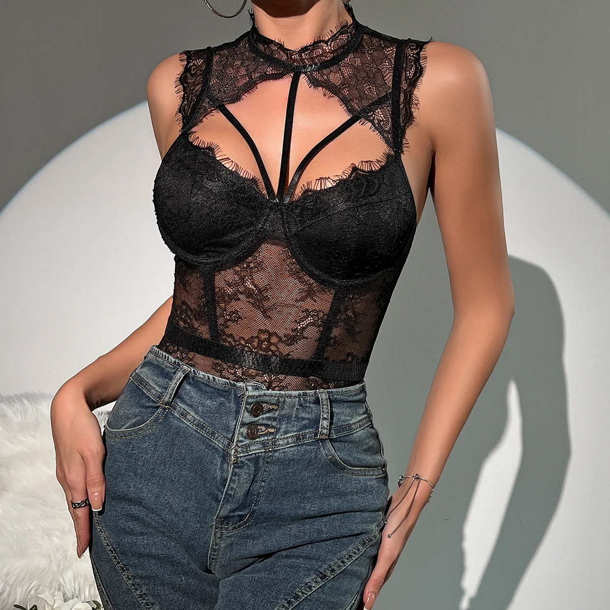 بدلة جسم نسائية من الدانتيل بشبكة مجوفة ، تطريز مثير ، بلا أكمام ، جمبسوت نحيف ، انظر من خلال ، ياقة عالية ، أسود ، جديد