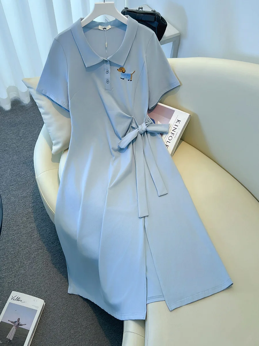 

150Kg Plus Size Women's Bust 145 Summer Loose Casual Short Sleeved Polo A-Line Dress Blue 4XL 5XL 6XL 7XL 8XL