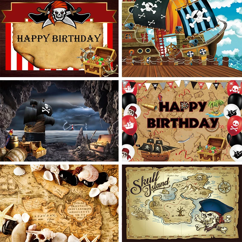 Laeacco Pirate Baby Birthday Party Treasure Ship Coins Poster Portrait Photography Backdrops Backgrounds Photocall Photo Studio