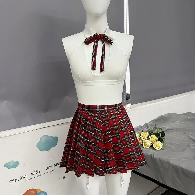Nolia Teacher Cosplay Lingerie Sheer Mesh Underwear Halter Bra Plaid Skirt Sissy Erotic Crotchless Briefs Outfits Jk Unifo 5d4; view 6