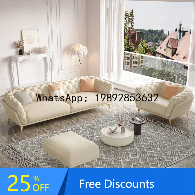 

CZ American Retro Button Straight Sofa Living Room Fabric Furniture Velvet Double Seat Lazy Sofa