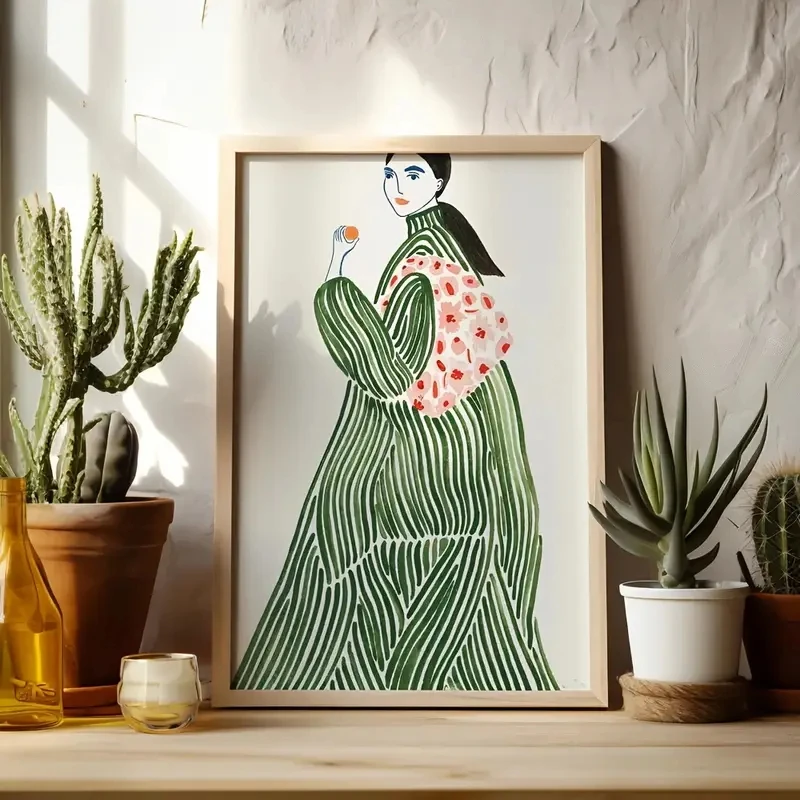 

Bohemian Abstract Female Canvas Art Print Emerald Green White Simple Fashionable Retro Striped Design Interior Room Decoration
