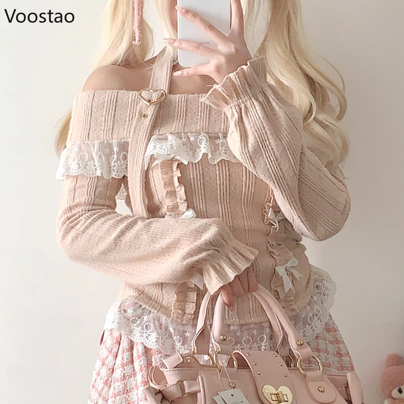 Vintage Kawaii Lolita Style Knitted Pullover Women Elegant Slash Neck Off Shoulder Bow Lace Ruffles Sweater Women Knitwear Tops