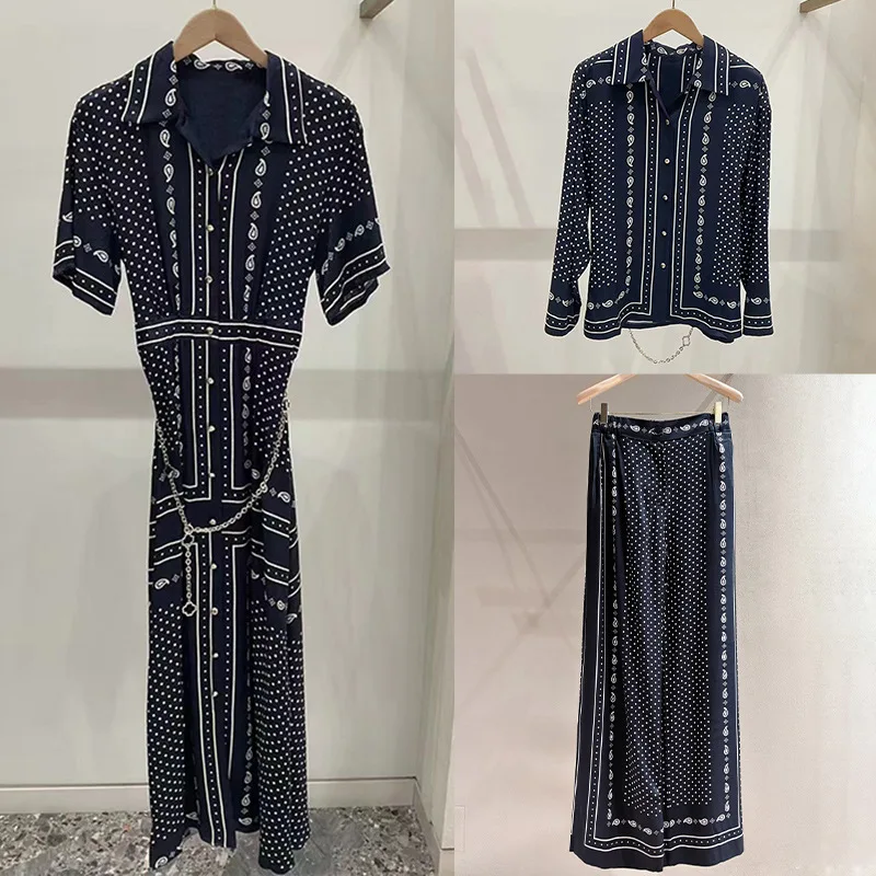 

Женский комплект с гладким принтом в горошек: платье с воротником-поло и короткими рукавами + рубашка с длинными рукавами + брюки с высокой талией