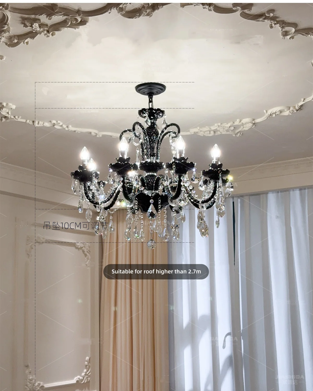 French Black Glass Chandelier Living Room Candle E14 Pendant