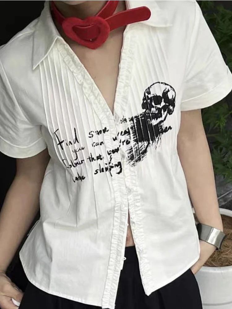 Y2k Aesthetic Women Skeleton Letter Blouse Summer White Single Breasted Loose Grunge Shirt Harajuku Ruffled Streetwear Blusas