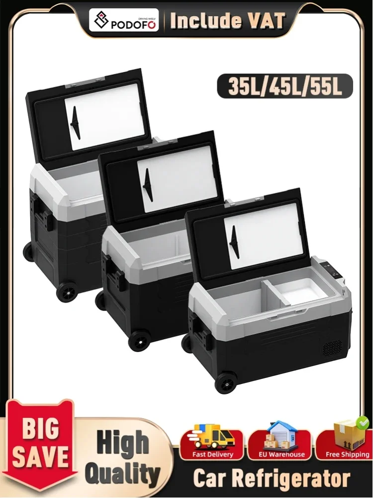 Podofo 35L 45L 55L Tragbarer Autokühlschrank mit LED-Digitalanzeige für Camping, Reisen, LKW, Picknick, Boot, Garage, Küche