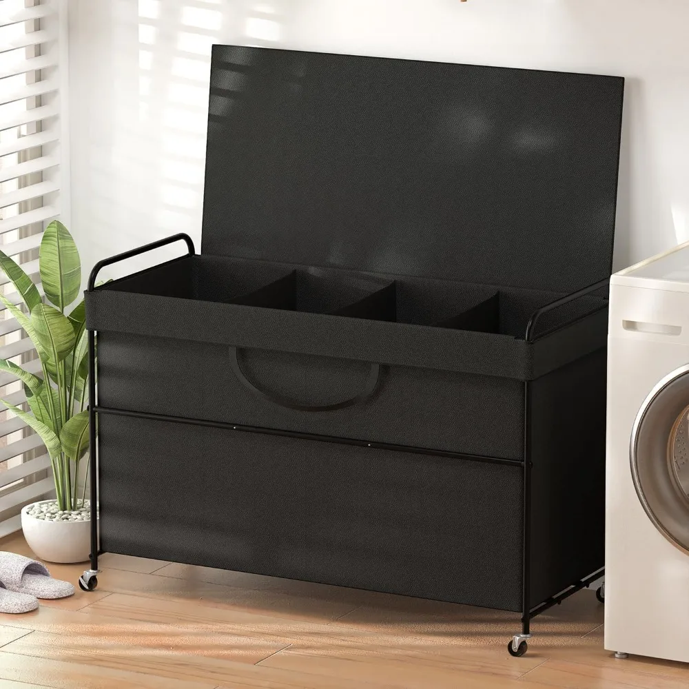 240L Large Laundry Hamper, 4 Compartment Laundry Basket with Lid, Removable Bag & Metal Structure with Industrial Wheels