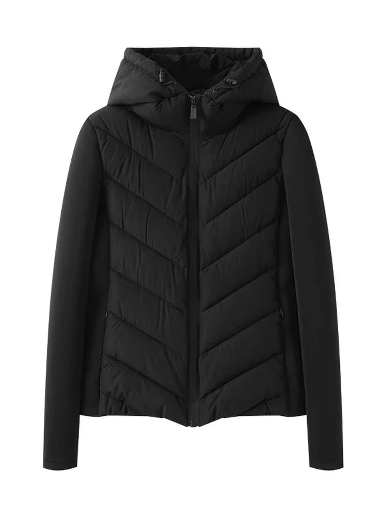 Autumn Winter New Style Pure Color Patchwork down Cotton Hooded Lightweight Long Sleeve Stand Collar Women's Black Jacket