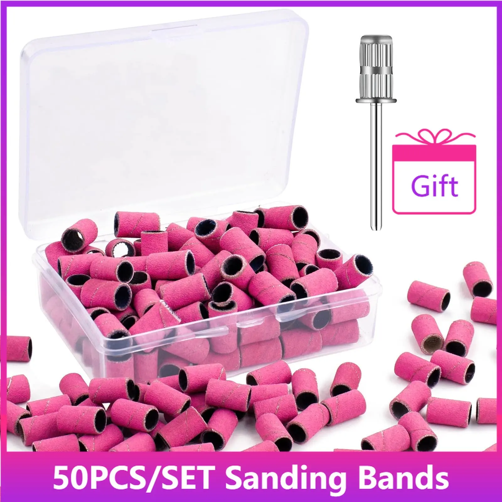 

50pcs Sand Bands and Mandrel Nail Drill Bits Fine Grits 240# Pink Sanding Bands for Nail Drill with Storage Box for Manicure