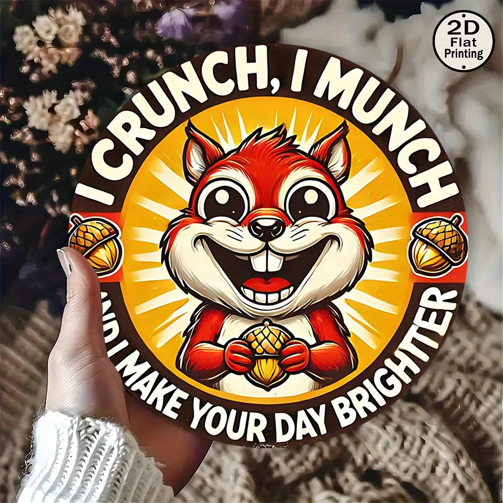 1 Stück Vintage 8x8 rundes Metall-Wandblechschild – rustikales Eichhörnchen-Ess-Nüsse-Kunst mit „Make Your Day Brighter“-Zitat, 2D-Flachdruck